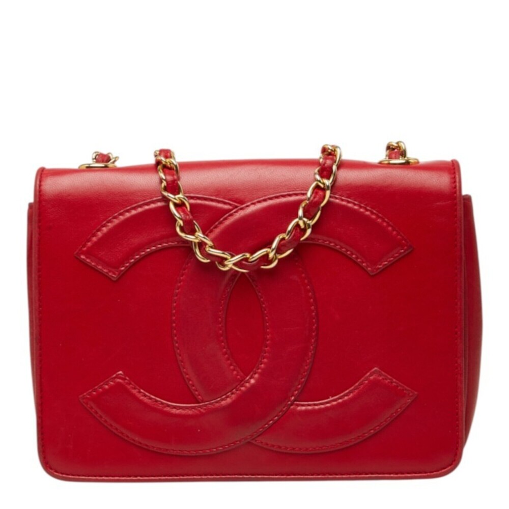CHANEL Red Lambskin Leather Logo Shoulder Bag